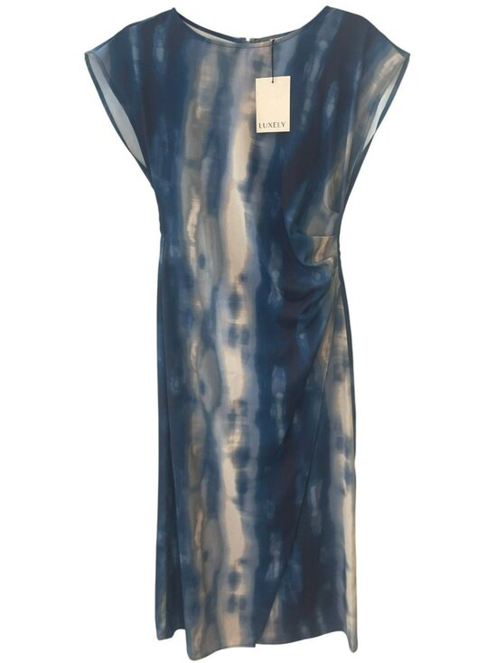 Luxely Dresses & Skirts - Luxely Blue & Grey Printed Draped Midi Half-Zip Dress US Size 2 NWT